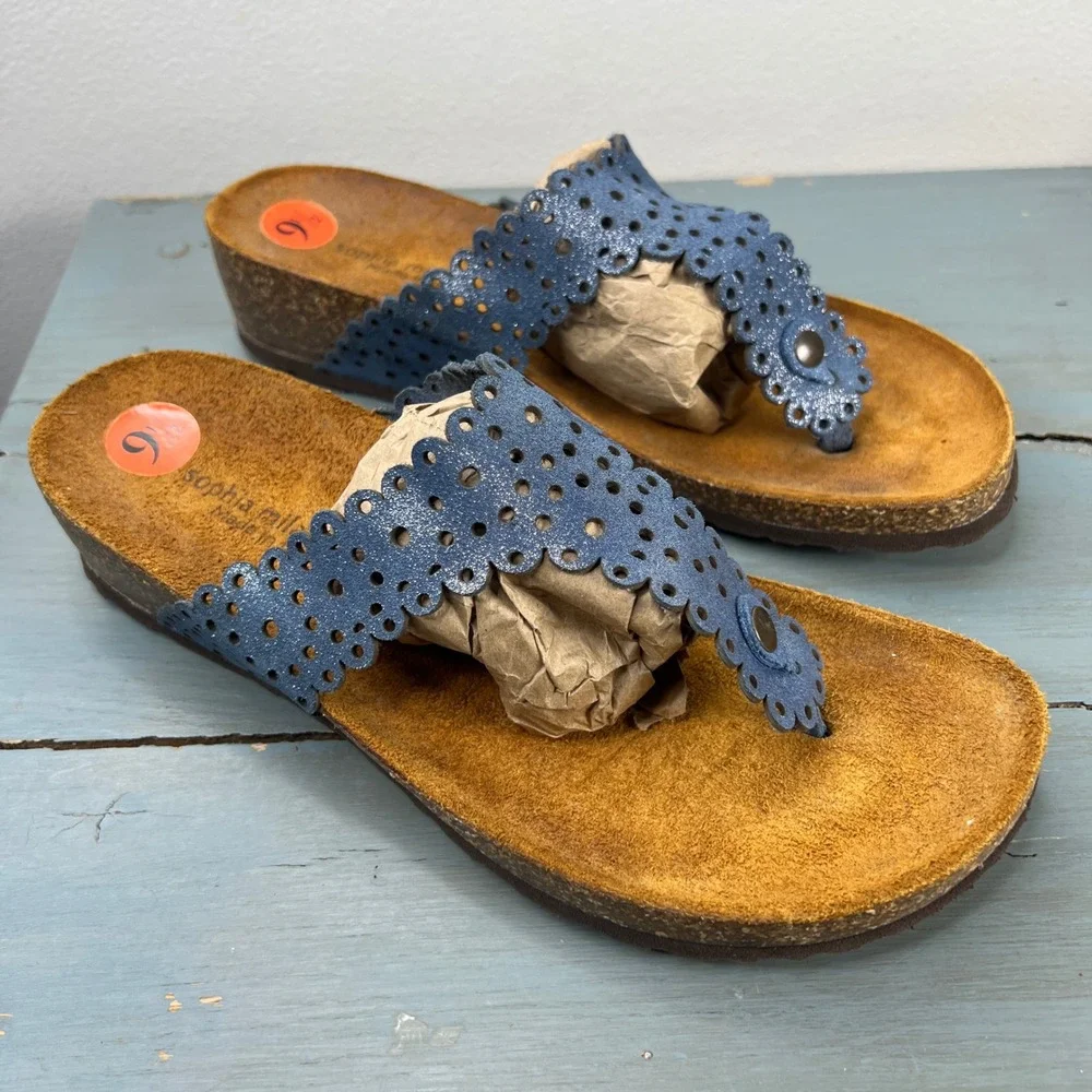 Sophia Milano Blue Laser Cut Floral Cork Wedge Thong Sandals Made in Italy 9.5